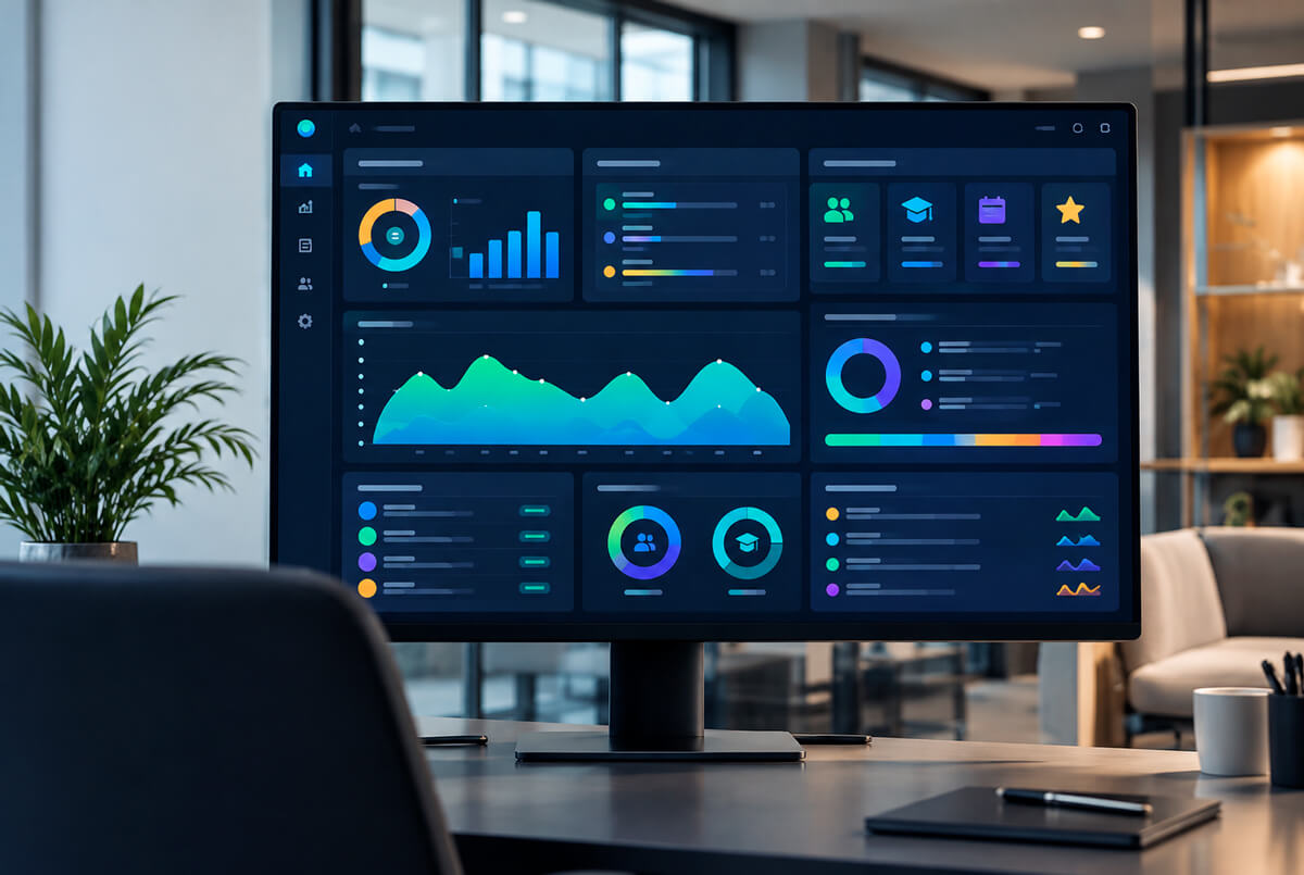 Bureau EXCODEN avec écrans affichant des dashboards
